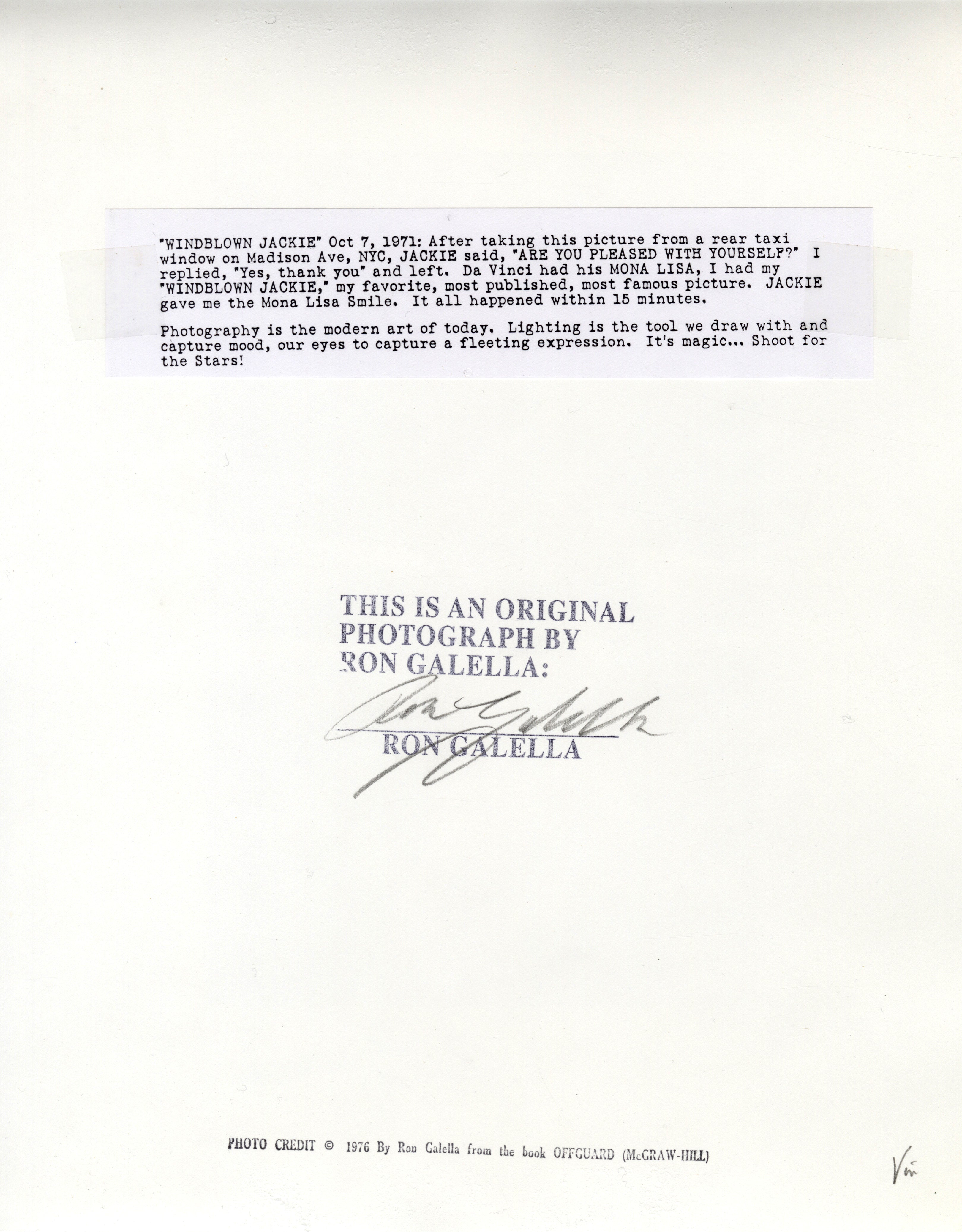 Jackie Kennedy Print Autographed By Ron Galella with Certificate Of Authenticity + Book